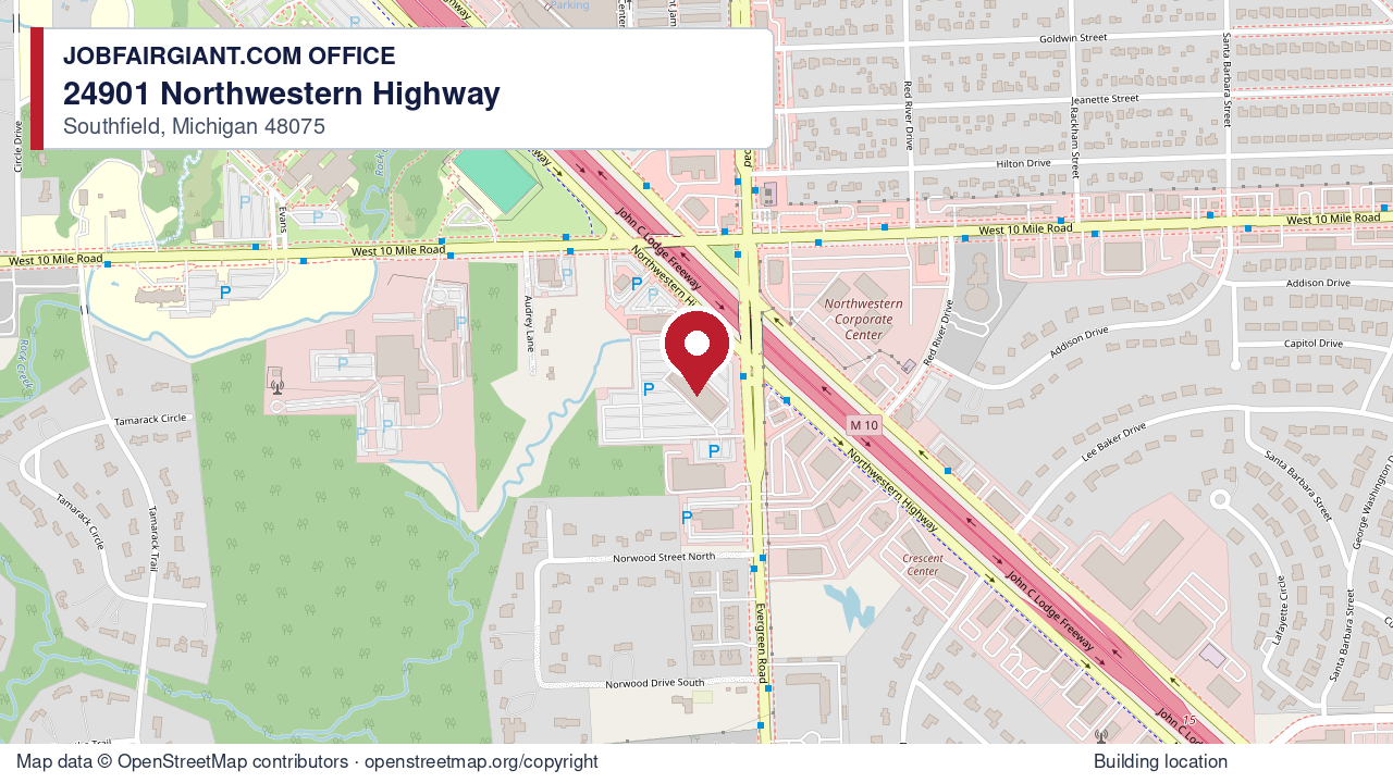 Street map with a red pin at the Centrum Building, 24901 Northwestern Highway, Southfield, Michigan 48075